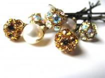 wedding photo - Autumn Wedding Hair Pins, Wire Wrapped Topaz AB Crystal, and Ivory Pearls Autumn Glitz and Shimmer