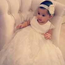 wedding photo - Elmira baby girl Lace long heirloom ivory christening baptism communal gown dress with cap sleeves and scallop hem and tulle
