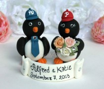 wedding photo - Baseball penguin wedding cake topper, sport themed wedding, love birds with banner