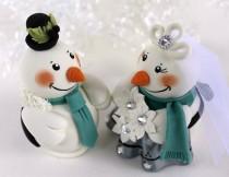 wedding photo - Snowman wedding cake topper, winter teal silver wedding, customizable, Christmas decor