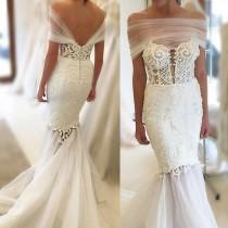 wedding photo - Elegant Ivory Off-the-Shoulder Sleeveless Embroidery Backless Mermaid Wedding Dress