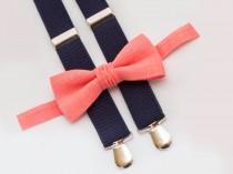 wedding photo - Coral bow tie & Navy blue suspenders, ring bearer outfit, kids bow tie, Groomsmen bow tie suspenders