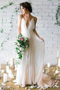 wedding photo -  Simple Deep V-neck Sweep Train Wedding Dresses With Straps WD010