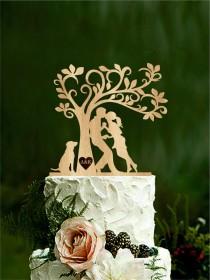 wedding photo -  Wedding cake topper, bride and groom with dog, silhouette cake topper with initials, mr & mrs, tree rustic cake topper