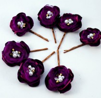 wedding photo -  Wedding Fabric Flowers Hair Pin Plum Violet Lavender Eggplant Purple Bridal Flowers Set of 7