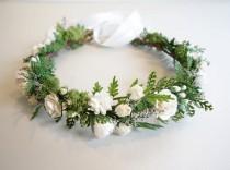 wedding photo - White Flower Crown, Fern Crown, Flower Crown, Boho Hairpiece, Woodland Wedding, Bridal Crown, Moss Head Wreath, Forest Wedding, SERENITY