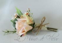 wedding photo - Liam - Men's Buttonhole / Boutonniere - vintage, country Garden style buttonhole, peach rose, Geraldton wax and grey foliage.