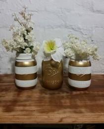 wedding photo - White and Gold Mason Jars Set of 3, Shabby Chic Decor, Wedding Center Pieces, Wedding Decor, Flower Vases, Party Centerpieces, Engagement