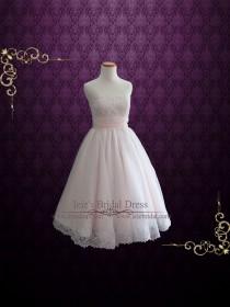 wedding photo - Retro 50s Blush Pink Strapless Tea Length Lace Wedding Dress, Short Wedding Dress, Vintage Wedding Dress, Prom Dress 