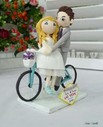 wedding photo - Wedding Cake topper, Wedding clay couple in Las Vegas with Bicycle clay miniature, wedding clay doll, ring holder clay figurine