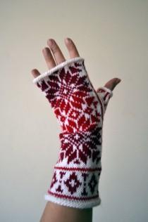 wedding photo - Nordic Fingerless Gloves - Wool White Red Fingerless Gloves - Scandinavian Gloves with Stars - Knit Fingerless Gloves nO 146.