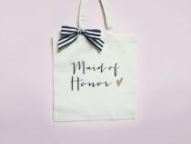 wedding photo - Bridal Party Bags for Wedding or Shower Gift, Canvas Bags for Bride & Bridesmaids, Striped Ribbon Bag for Wedding Favors  ( Item - BBR300)