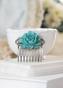 wedding photo - Teal Blue Rose Flower Hair Comb Teal Blue Wedding Hair Accessory Bridal Hair Comb Antiqued Brass Filigree Comb Victorian Bridesmaid Gift