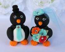 wedding photo - Custom wedding cake topper penguin - love birds bride and groom - robin egg blue, gerber daisies bouquet