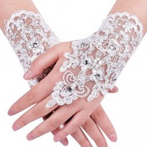 wedding photo - Lace Fingerless Rhinestone Bridal Gloves