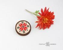 wedding photo - Nordic Star Embroidered Brooch On Vintage Fabric. Cross Stitch Brooch. Textile Eco Wooden Jewelry. Ethnic Symbol Alatyr. Christmas Gift