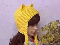 wedding photo - Yellow Cat Hat, Knit Cat Ears Hat or Cat Beanie, Womens Cat Hat, art. 49