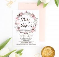 wedding photo - PRINTABLE Invitation - Pink & Gray Floral Wreath Baby Shower Invitation - Amika Floral Wreath - Custom Colors - Customizable to Any Event