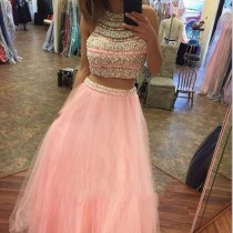 wedding photo -  Chic Two Piece Pink Prom Dress - Jewel Floor-Length Sleeveless with Beading Pearl from Dressywomen