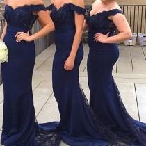 wedding photo -  Perfect Navy Blue Bridesmaid Dress - Mermaid Off Shoulder Sweep Train with Beading Lace from Dressywomen