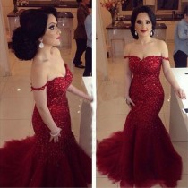 wedding photo -  Elegant Off-Shoulder Tulle Mermaid Red Prom/Evening Dress with Sequins