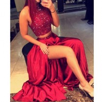 wedding photo -  Sexy High Neck Split Side Long Two Piece Prom Dresses with Beaded from Dressywomen