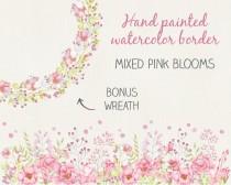 wedding photo - Floral border in watercolors: hand painted mixed pink blooms; watercolor clip art; wedding clip art - instant download