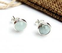 wedding photo - Aquamarine Stud Earrings, Silver Wire Wrapped March Birthstone Earrings For Tweens, Throat Chakra Balancing Stones, Christmas Gift For Wife