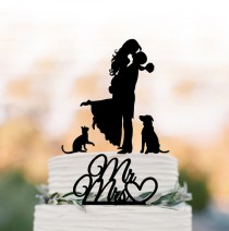 wedding photo -  Wedding Cake topper with dog and cat, silhouette wedding cake toppers, two tier wedding cake toppers with pets mr and mrs cake topper