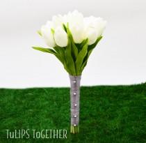 wedding photo - White Real Touch Tulip Wedding Bouquet - Ready for Quick Shipment 1 Dozen Tulips Customize Your Wedding Bouquet - Flower Girl Bouquet