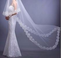 wedding photo - Bridal Lace Wedding Veil / Cathedral /White veil/ Drop Veil