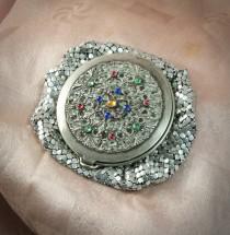 wedding photo - GORGEOUS Antique Jeweled Ormolu Powder Compact - Silver Mesh - Coupon Code!!!
