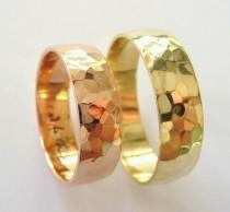 wedding photo - Hammered wedding bands set women's men's wedding rings hammered 6mm polished shiny yellow and rose gold