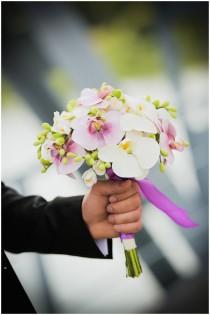 wedding photo - Wedding bouquet and boutonniere set, Clay bouquet with orchids and white freesias, Natural look bouquet
