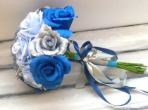 wedding photo - Wedding Bouquet, Bridesmaids Bouquet, Paper Bridesmaids Bouquet, Bridal Bouquet, Paper Bridal Bouquet, Blue Roses Bouquet, Royal Blue Roses