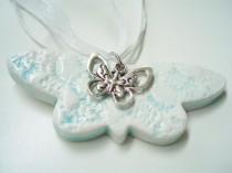 wedding photo - Ceramic butterfly fairy pixie necklace, reversible baby blue butterfly organza choker, summer jewelry