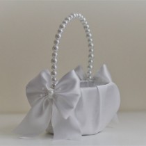 wedding photo - White Pearl Flower Girl Basket White Wedding Baskets with Pearl handle, Wedding Ceremony Basket  Flower Petals Basket