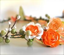 wedding photo - Tangerine Floral Wreath for Flower Girls. Orange, yellow, peach, ivory and sage green.