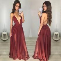 wedding photo -  Sexy Maroon Prom Dress - Deep V-neck Long Ruched Backless