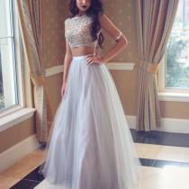 wedding photo -  Chic Two Piece Silver Prom Dress - Bateau Cap Sleeves Floor-Length with Beading