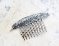 wedding photo - Feather Comb Grey Antique Silver Bird Wing Large Feather Woodland Wedding Bridal Hair Accessories Metal Hair Comb Autumn Winter Fashion