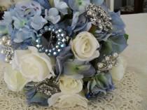 wedding photo - Wedding Brooch Bouquet Blue Hydrangea Vintage and New Jewelry,For Bride or Wedding Decor