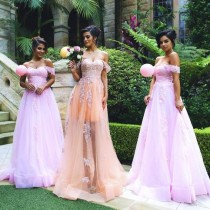 wedding photo -  Trendy Off Shoulder Maroom Long Prom Dress with Appliques from Tidetell
