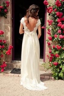 wedding photo - V-neck Cap Sleeves Sweep Train Backless Wedding Dress With Sash WD011
