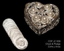 wedding photo - COF JC 009 - Silver plated/pearl heart shaped chest with crystal beading. Includes the traditional 13 coins used in wedding ceremony.
