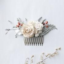 wedding photo - Bridal Hair Accessory- Floral Bridal Comb-Floral Beige Bridal Hairpiece-Bridal Hairpiece-Silver leaf bridal comb- Leaf Comb - Wedding comb