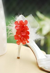 wedding photo - Shoe Clips Tangerine Orange & Ivory Hydrangeas. Couture Bridesmaid Bride. More Lavender Celadon Pink Fuchsia Red Green. Feather Tulle Pearls