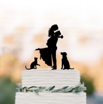 wedding photo -  Bride and groom silhouette Wedding Cake topper with cat, topper with dog cake topper for wedding, groom lifting bride