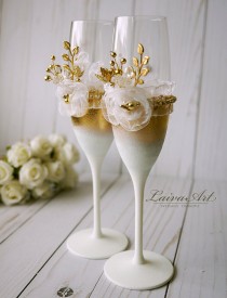 wedding photo -  Wedding Champagne Flutes Wedding Champagne Wedding Toasting Flutes Gold and White Wedding