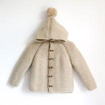 wedding photo - Hand Knitted baby wool hoodie cardigan/Jacket, Chunky, Duffel Coat, Raglan with pom pom, picture color sand beige